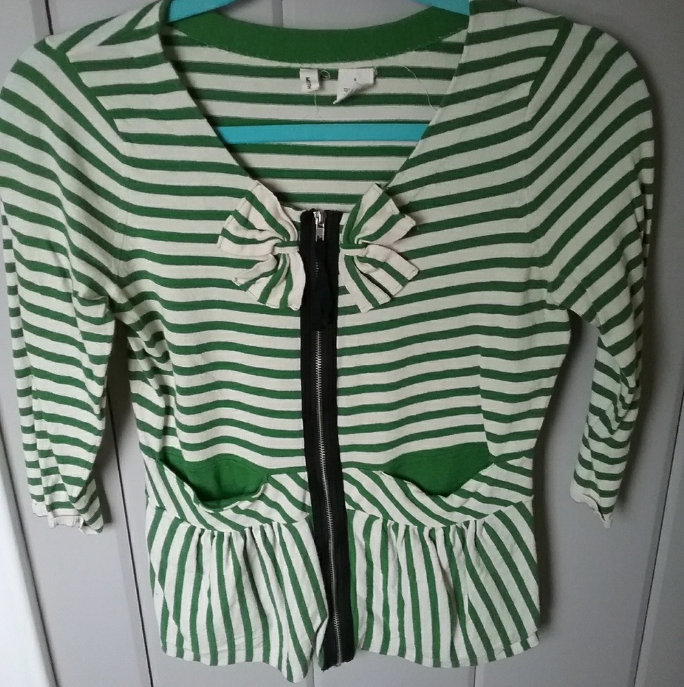 Green striped zippered cardigan super cute w bows
